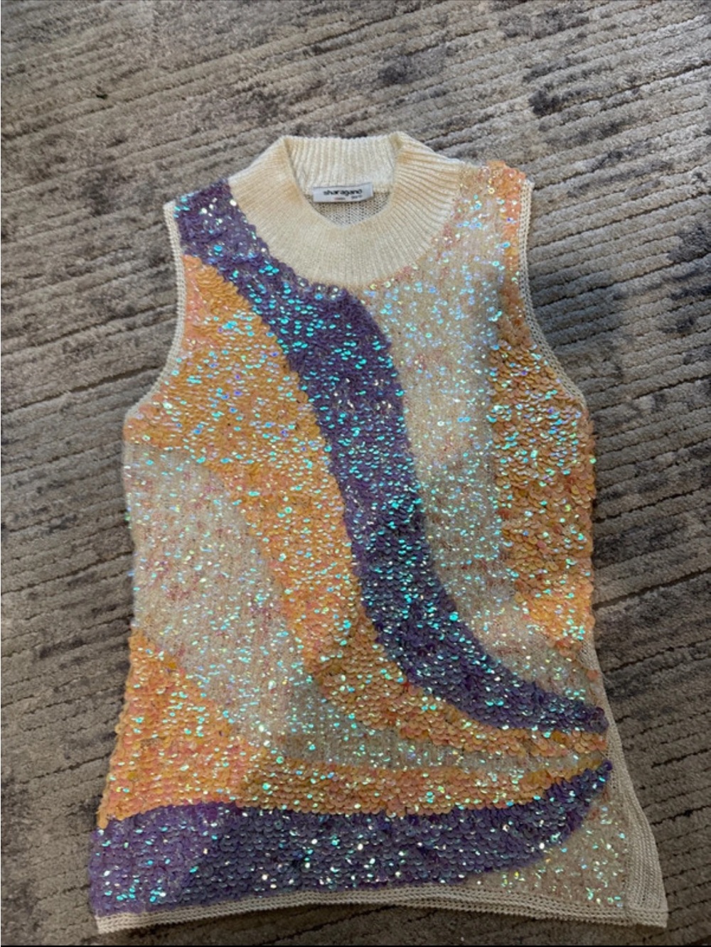Sharagano Cream Sequin Tank Top with Purple and Orange Accents